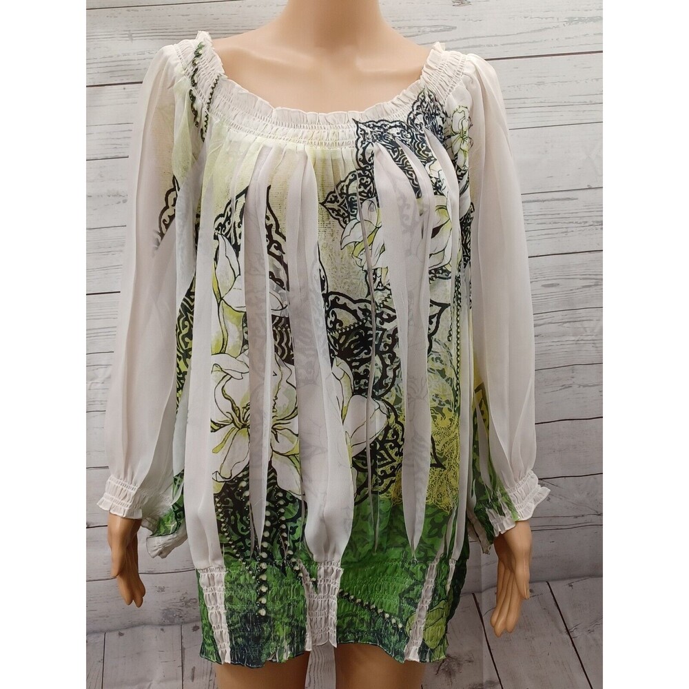 Cato Blouse Pleated Elastic Neck Waist Long Sleeve Green White Black Sz 26/28W
